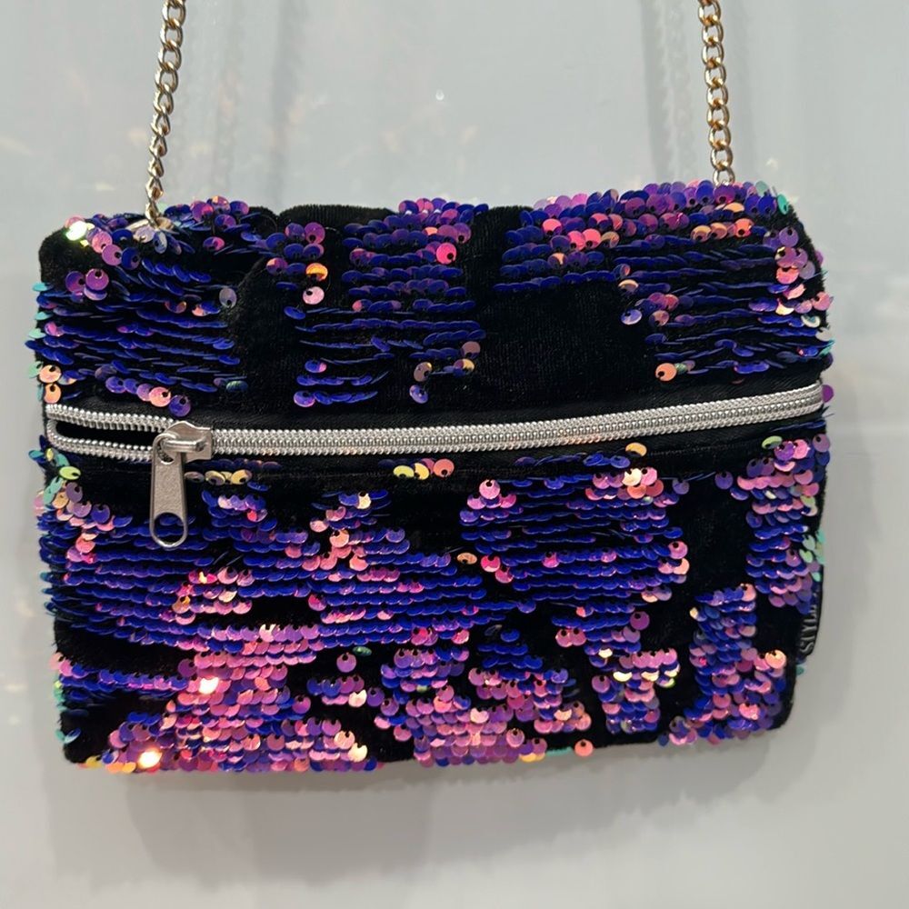 Dark Purple Pink Black Scattered Sequin Velvet Zipper Crossbody Purse Bag